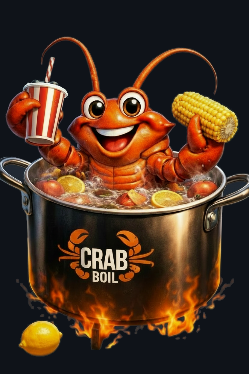 Crab Boil mascot in a pot