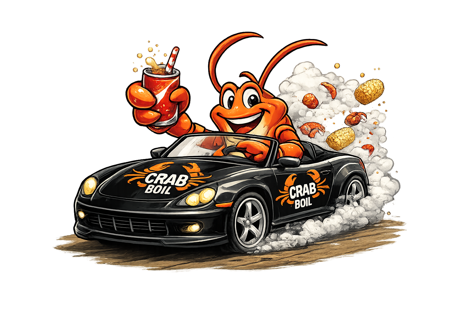 Crab Boil mascot driving a sports car