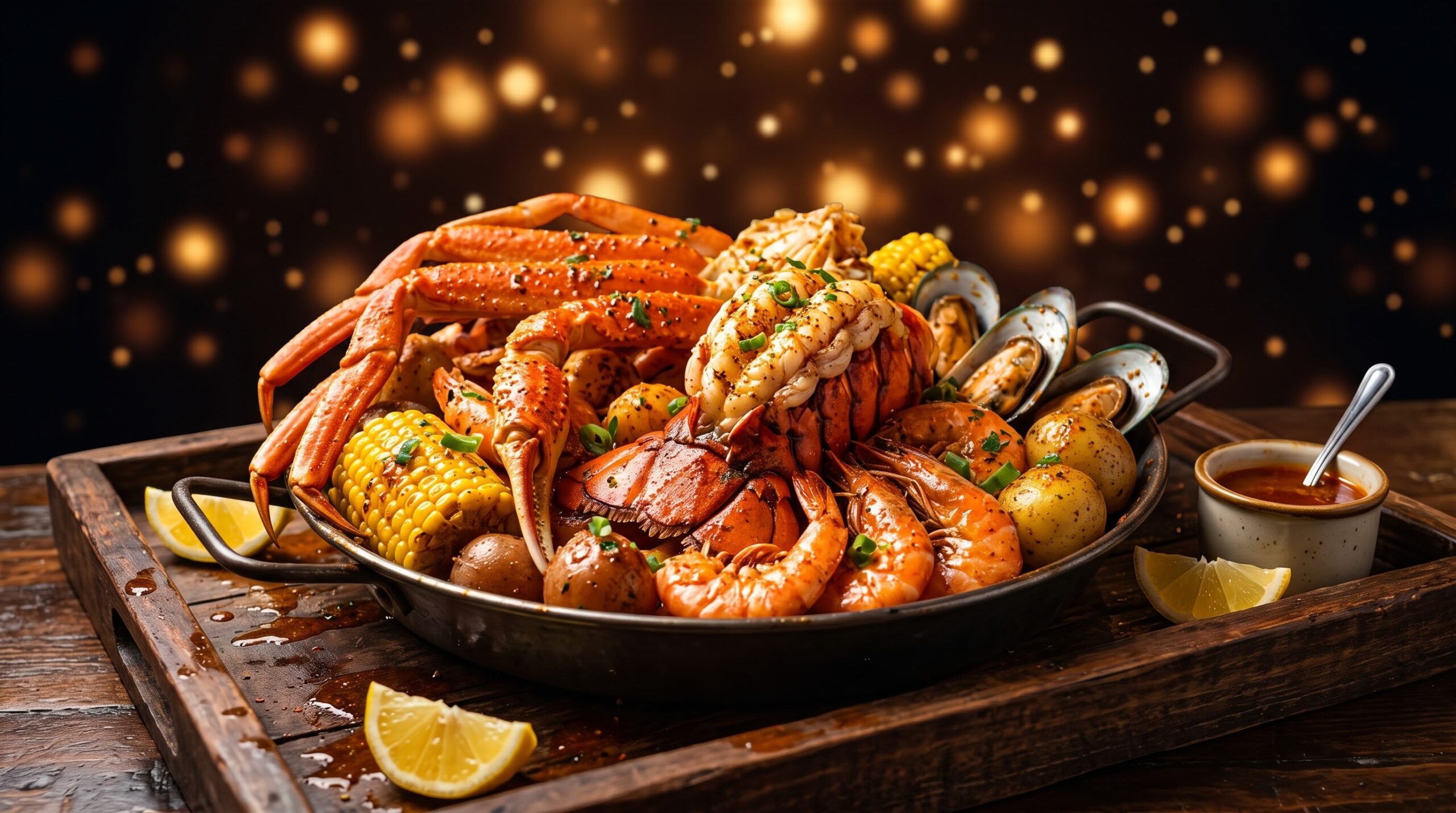 A freshly served Cajun seafood boil dish