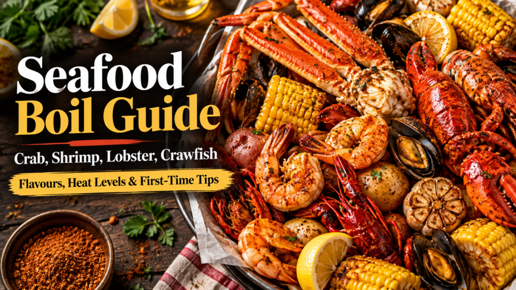 Seafood boil with crab, shrimp, lobster, crawfish and Cajun-style sides