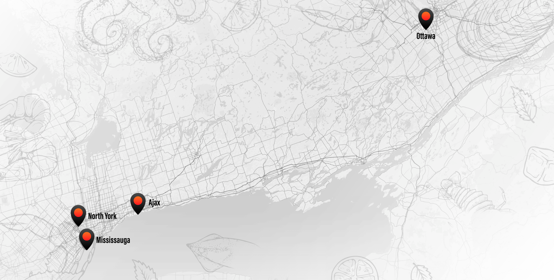Crab Boil franchise map with locations in Ottawa, Ajax, North York and Mississauga