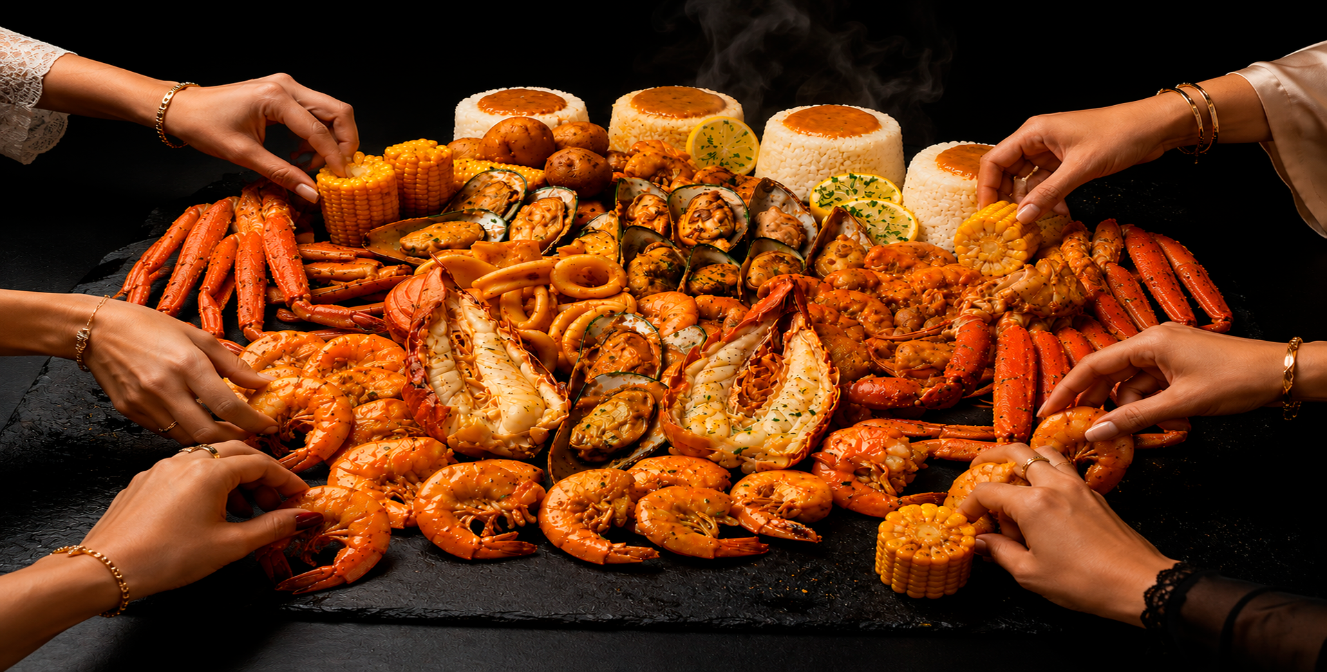 Hands sharing a Cajun seafood feast