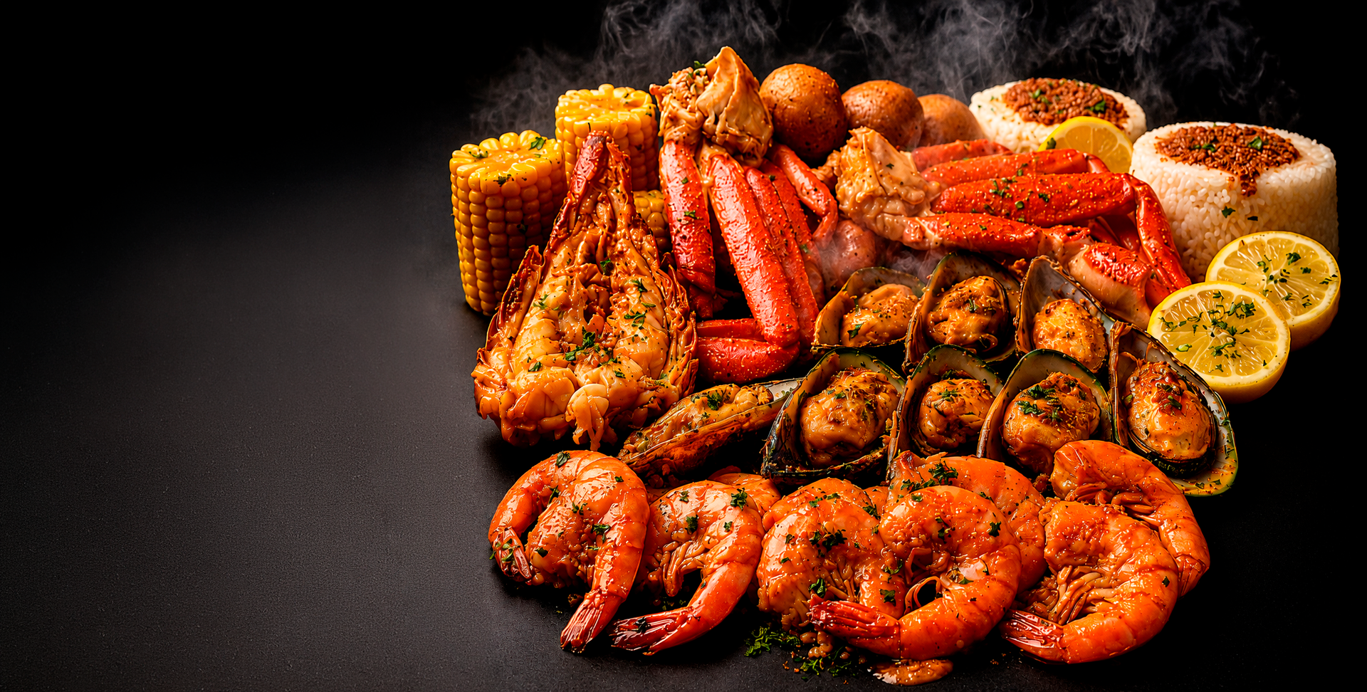 Crab, mussels, shrimp and corn in a seafood boil