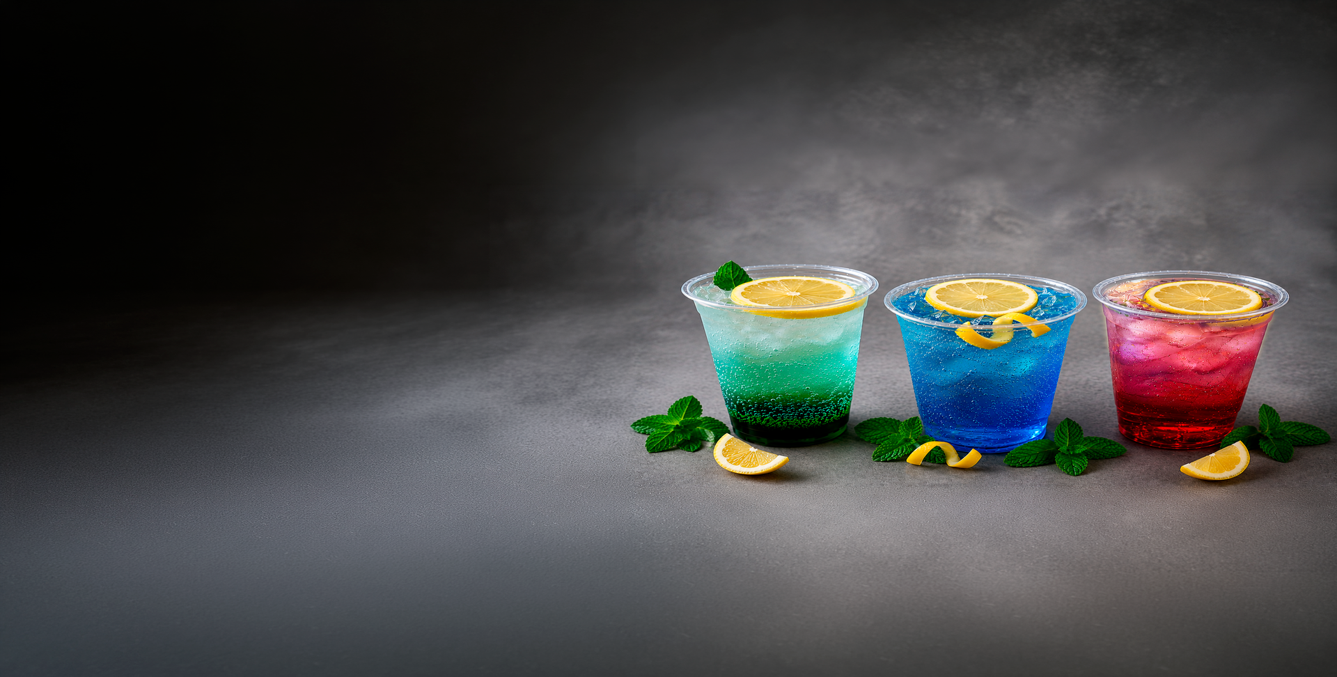 Colorful lemon-topped drinks against a smoky background